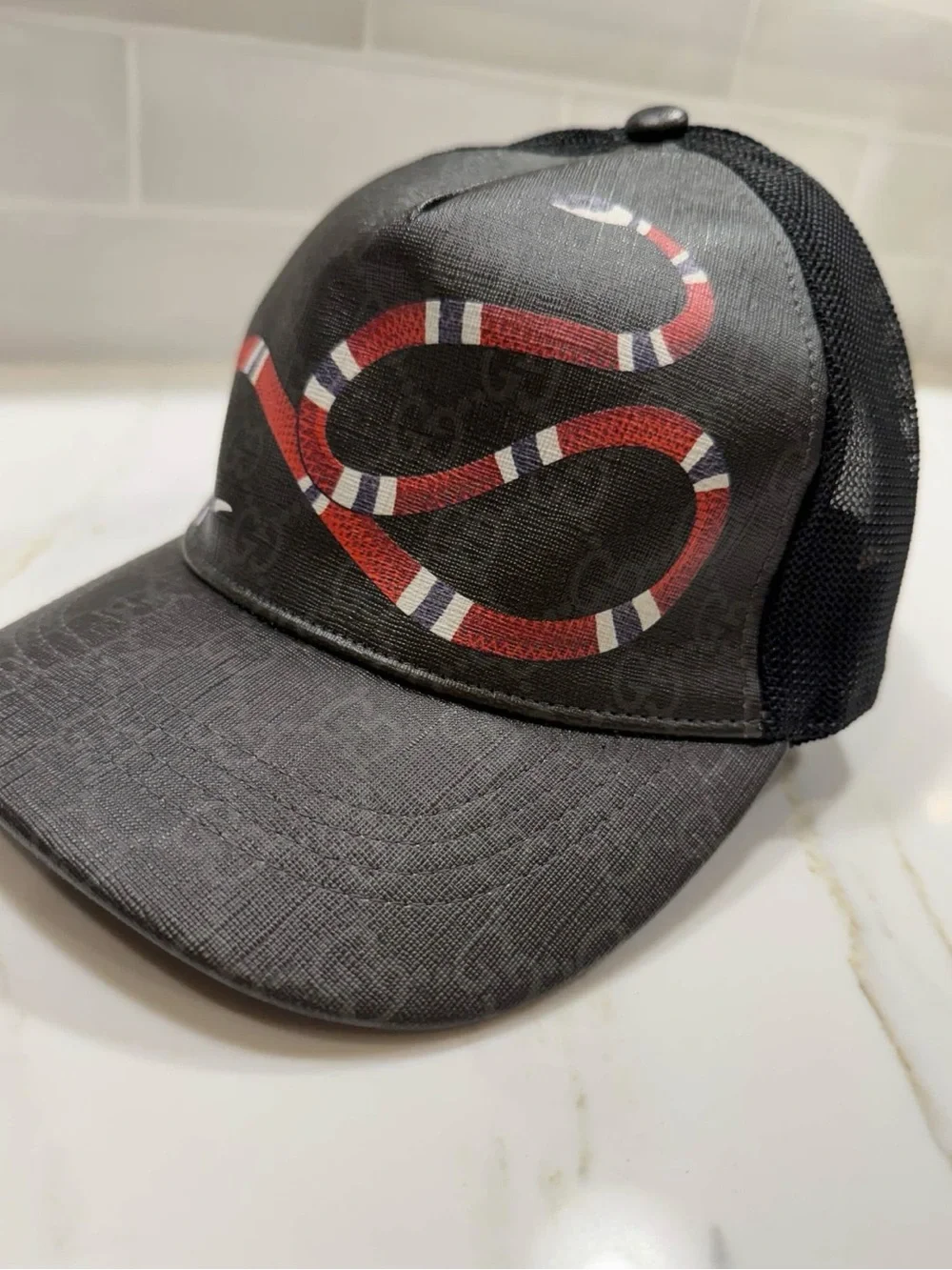 Gucci Kingsnake Print GG Supreme Baseball Hat Black/Grey
